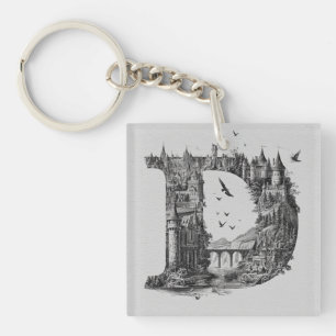 Fantasy Letter D with Castles in the Sky Storybook Keychain