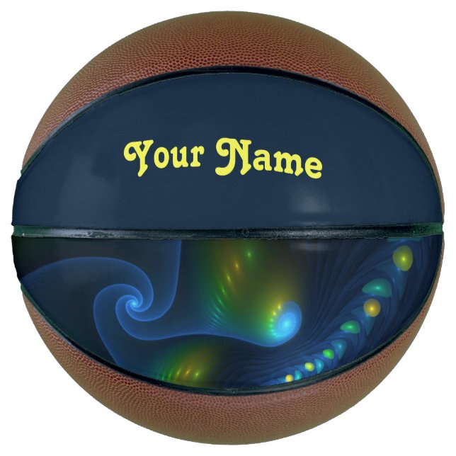 Fantasy Lights Abstract Blue Green Fractal Name Basketball (Front)