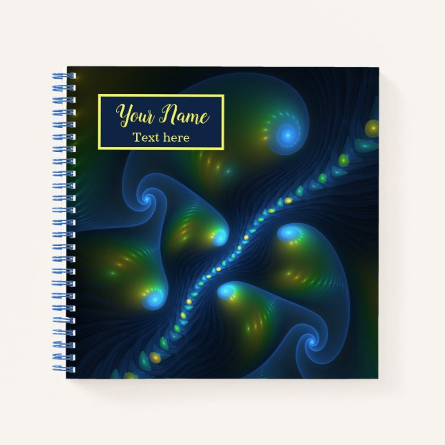 Fantasy Lights Abstract Blue Green Yellow Art Name Notebook (Front)