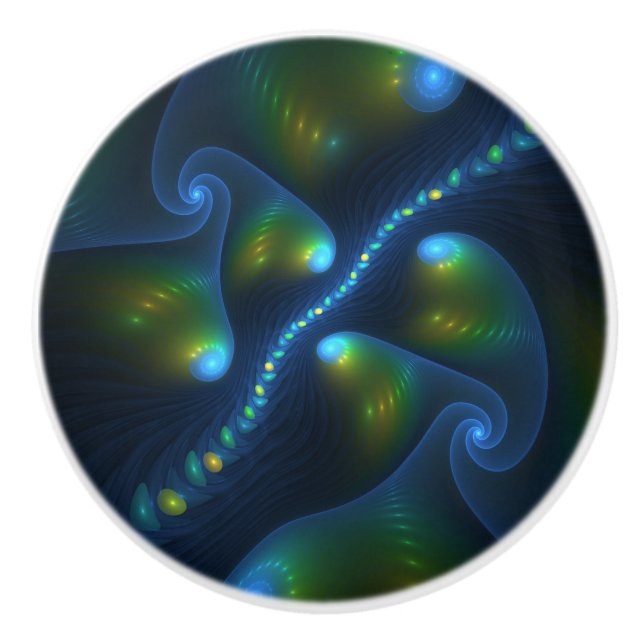 Fantasy Lights Abstract Blue Green Yellow Fractal Ceramic Knob (Front)