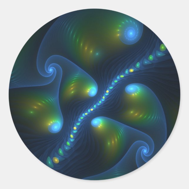Fantasy Lights Abstract Blue Green Yellow Fractal Classic Round Sticker (Front)