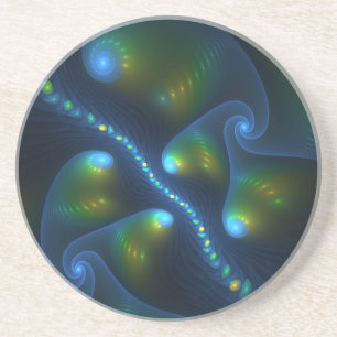 Fantasy Lights Abstract Blue Green Yellow Fractal Coaster