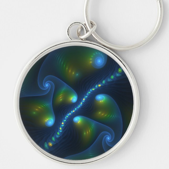 Fantasy Lights Abstract Blue Green Yellow Fractal Keychain (Front)