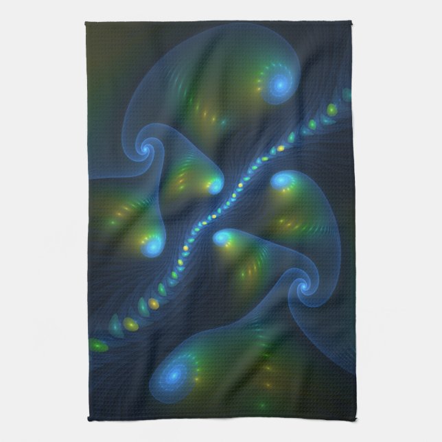 Fantasy Lights Abstract Blue Green Yellow Fractal Kitchen Towel (Vertical)