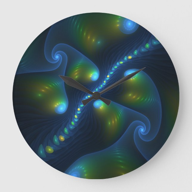 Fantasy Lights Abstract Blue Green Yellow Fractal Large Clock (Front)