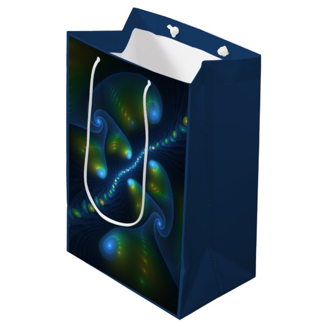 Fantasy Lights Abstract Blue Green Yellow Fractal Medium Gift Bag (Front Angled)