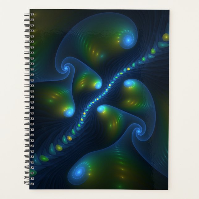 Fantasy Lights Abstract Blue Green Yellow Fractal Planner (Front)