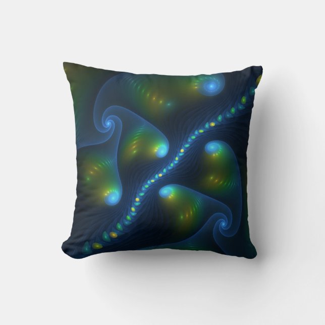 Fantasy Lights Abstract Blue Green Yellow Fractal Throw Pillow (Front)