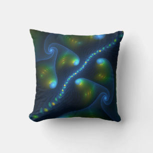 Fantasy Lights Abstract Blue Green Yellow Fractal Throw Pillow