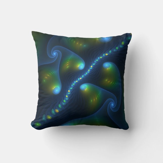 Fantasy Lights Abstract Blue Green Yellow Fractal Throw Pillow (Front)