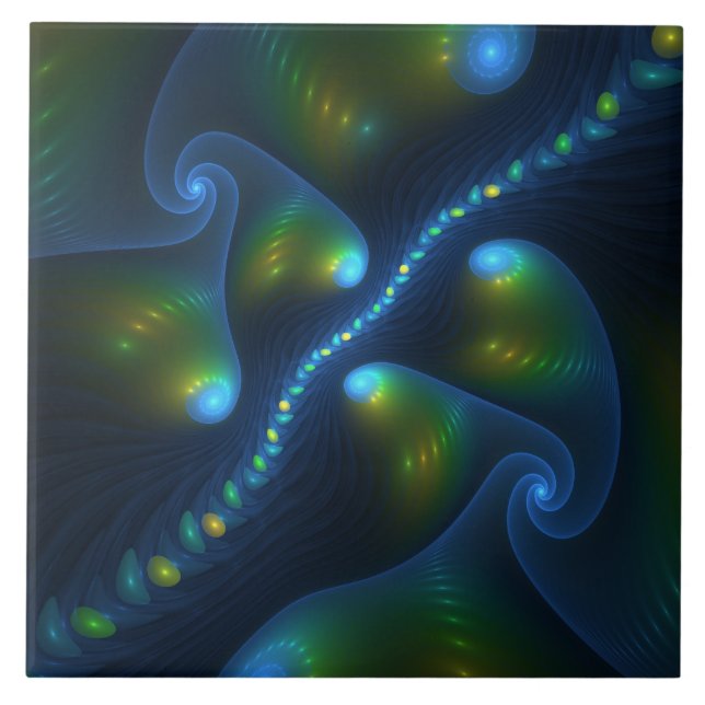 Fantasy Lights Abstract Blue Green Yellow Fractal Tile (Front)