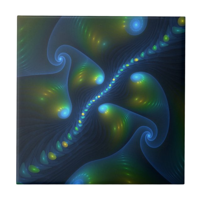 Fantasy Lights Abstract Blue Green Yellow Fractal Tile (Front)