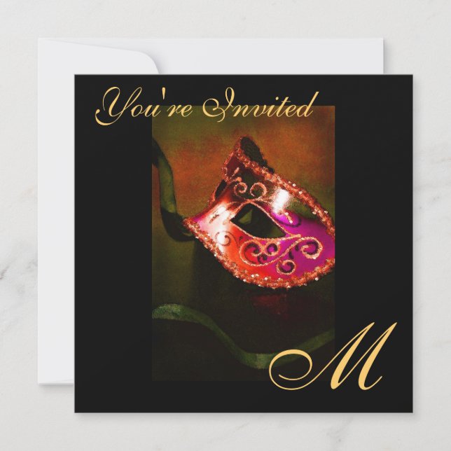 Fantasy Masquerade Mask Monogram Red Invitation (Front)