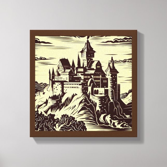 Fantasy Medieval Castle - Woodcut 2 Canvas Print (Front)