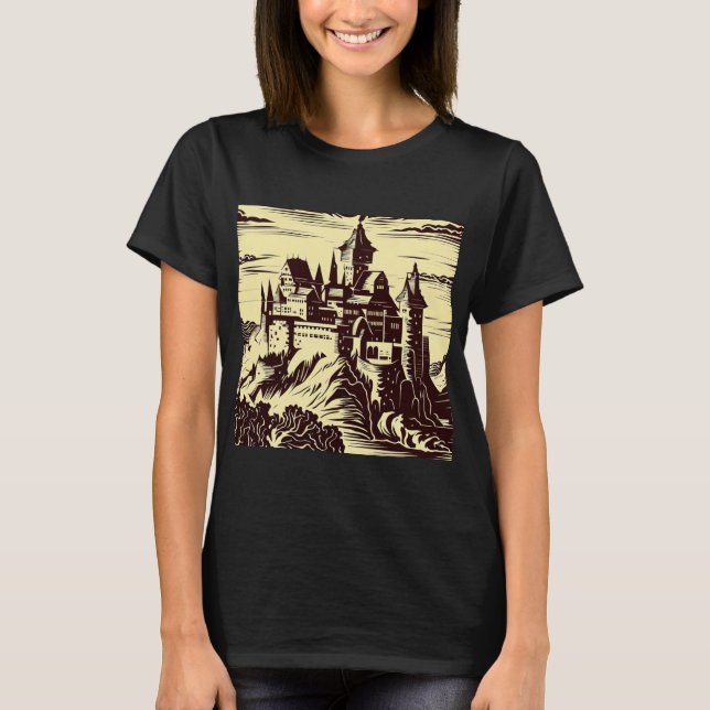 Fantasy Medieval Castle - Woodcut 2 T-Shirt (Front)