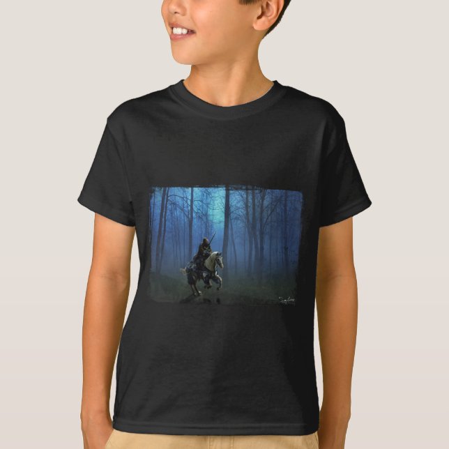 Fantasy Medieval Knight on Horseback in Moonlight T-Shirt (Front)