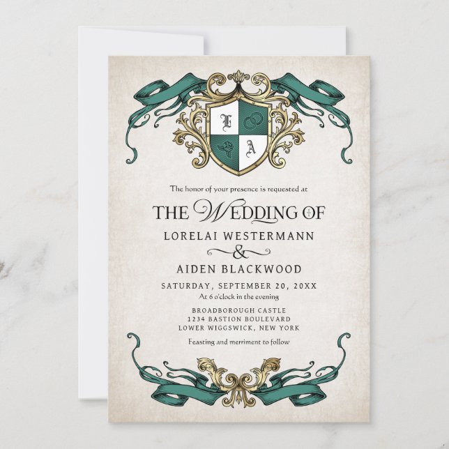 Fantasy Medieval Shield Emerald Green Wedding Invitation (Front)