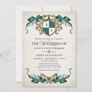 Fantasy Medieval Shield Emerald Green Wedding Invitation