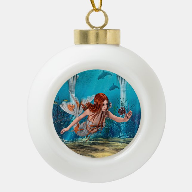 Fantasy Mermaid and Sea Lily Ceramic Ball Christmas Ornament (Front)