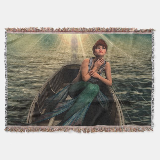 Fantasy Mermaid in a Canoe Throw Blanket (Front)