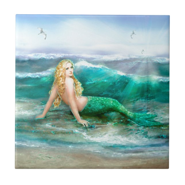 Fantasy Mermaid on Shore of Aqua Blue Sea Tile (Front)