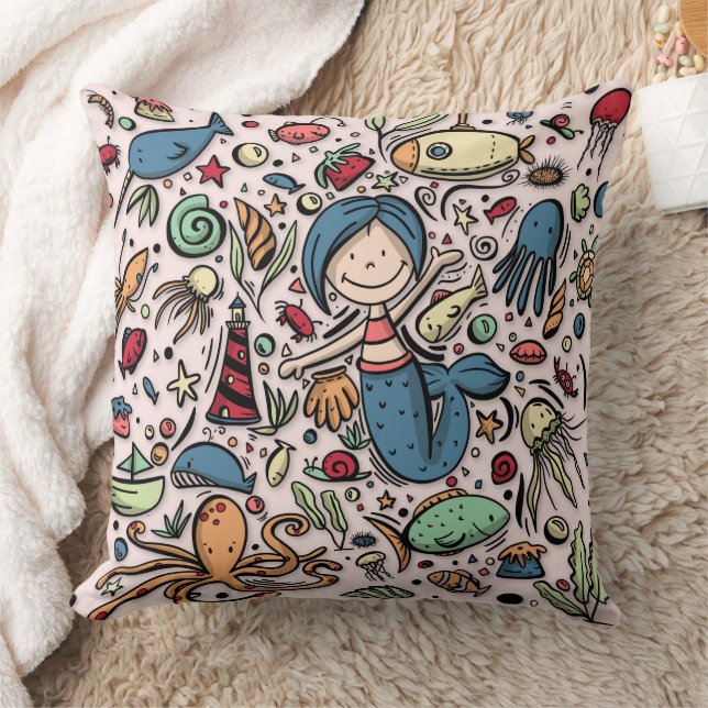 Fantasy Mermaid Pattern Throw Pillow (Blanket)