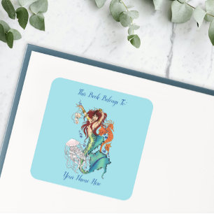 Fantasy Mermaid Teal Tail Bookplate Square Sticker