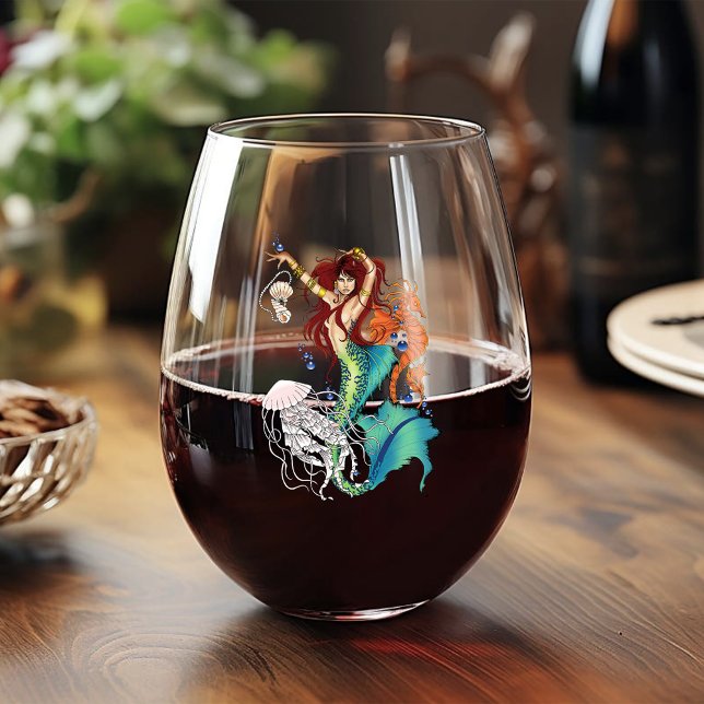 Fantasy Mermaid Teal Tail Stemless Wine Glass (Creator Uploaded)
