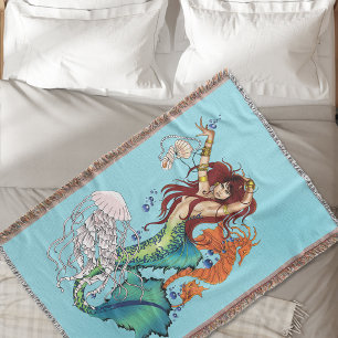 Fantasy Mermaid Teal Tail Throw Blanket
