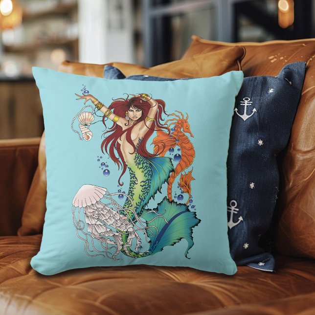 Fantasy Mermaid Teal Tail Throw Pillow (Creator Uploaded)