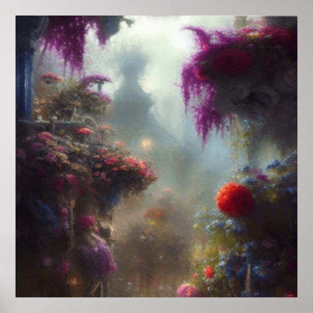 Fantasy Misty Rainy Magical Garden Landscape Poster (Front)