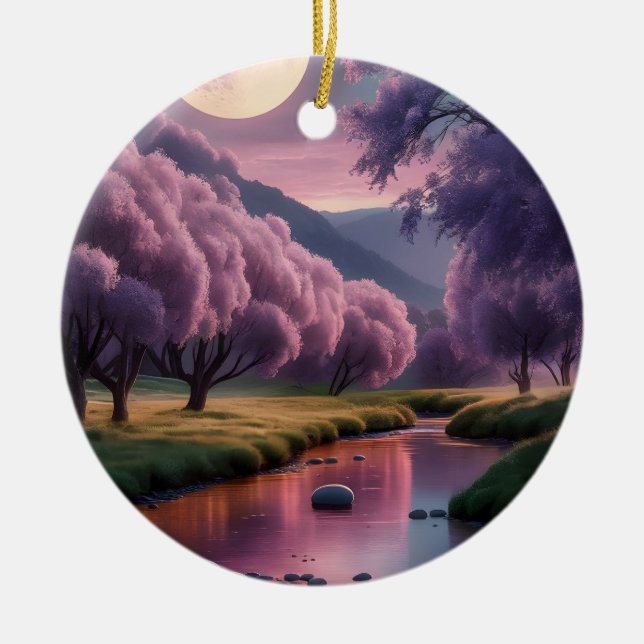 Fantasy Moonlit River Dreamscape Illustration Ceramic Ornament (Front)
