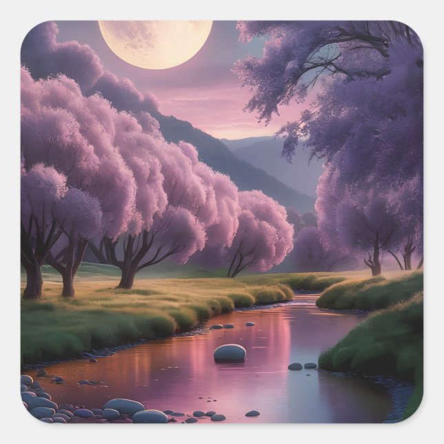 Fantasy Moonlit River Dreamscape Illustration Square Sticker (Front)