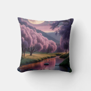 Fantasy Moonlit River Dreamscape Illustration Throw Pillow