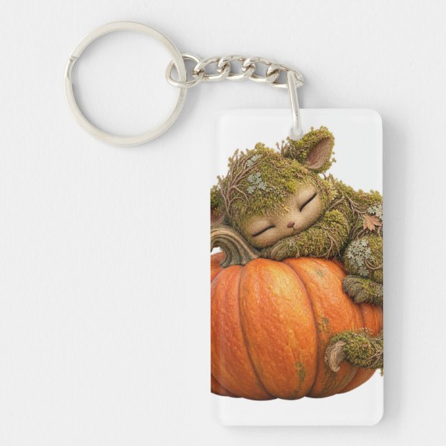 Fantasy Moss Creature with Pumpkin Postcard Keychain (Front)