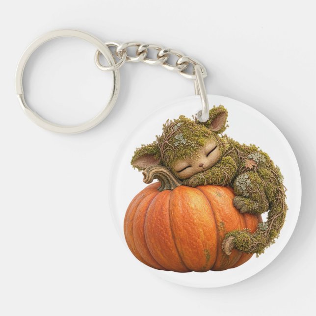 Fantasy Moss Creature with Pumpkin Postcard Keychain (Front)