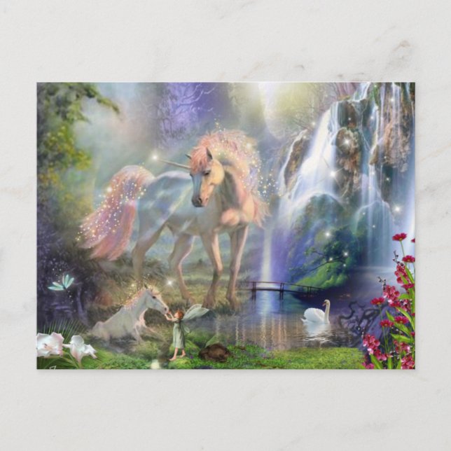 Fantasy Mother Unicorn and Baby in a Fairy Garden Postcard (Front)