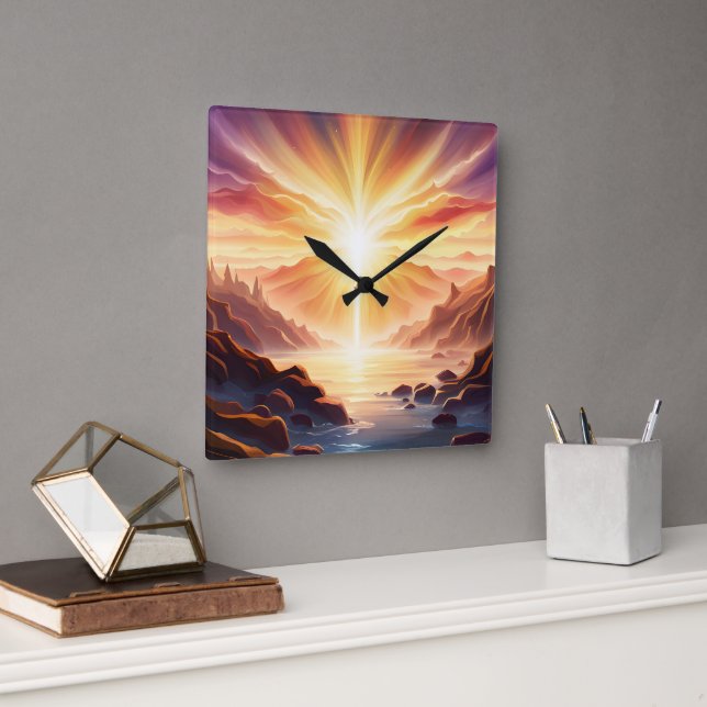 Fantasy Mountain Valley Lake Square Wall Clock (Office)