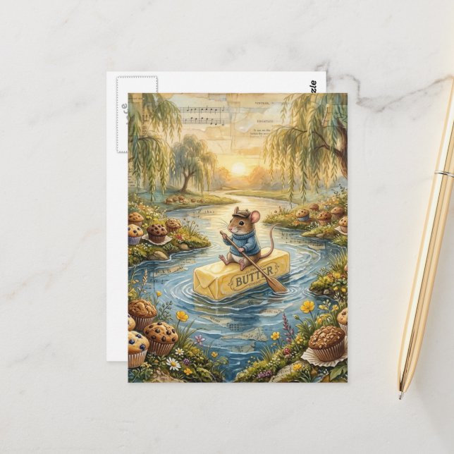 Fantasy Mouse Floating Downriver on Butter Postcard (Front/Back In Situ)