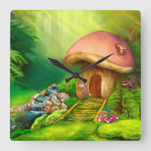 Fantasy mushroom cottage house square wall clock