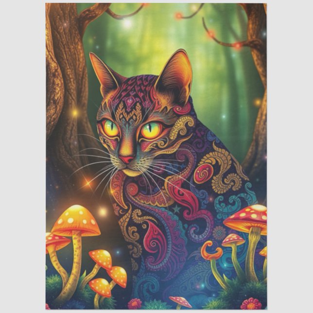 Fantasy Mushroom Forest Colorful Cat  Tissue Paper (Front)