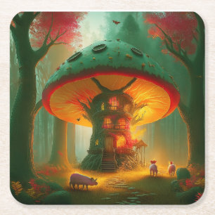 Fantasy Mushroom Tree House With Pigs Square Paper Coaster