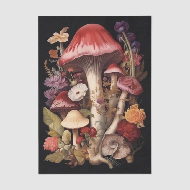 Fantasy Mushrooms and Flowers on Black Background Tissue Paper (Front)