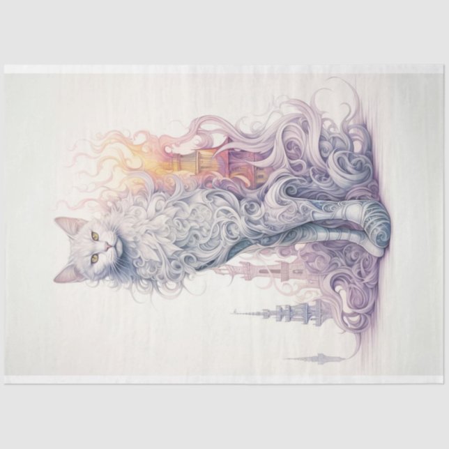Fantasy  Mystical Whimsical White Cat Decoupage Tissue Paper (Front)