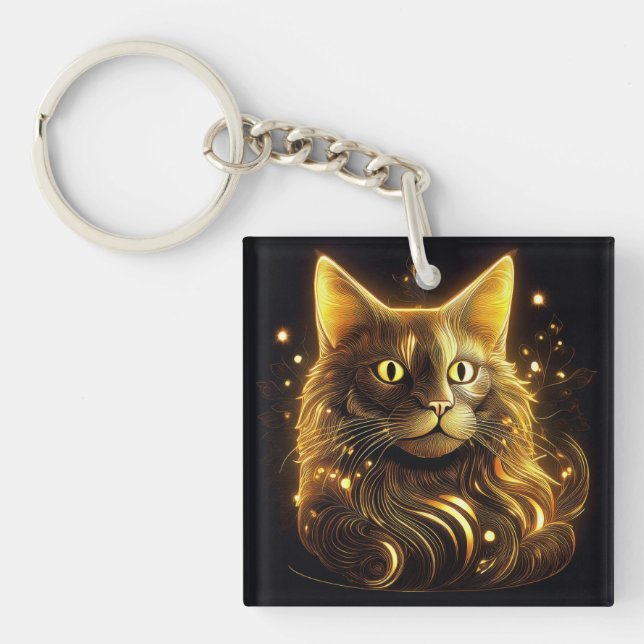 Fantasy Neon Gold Cat Keychain (Front)