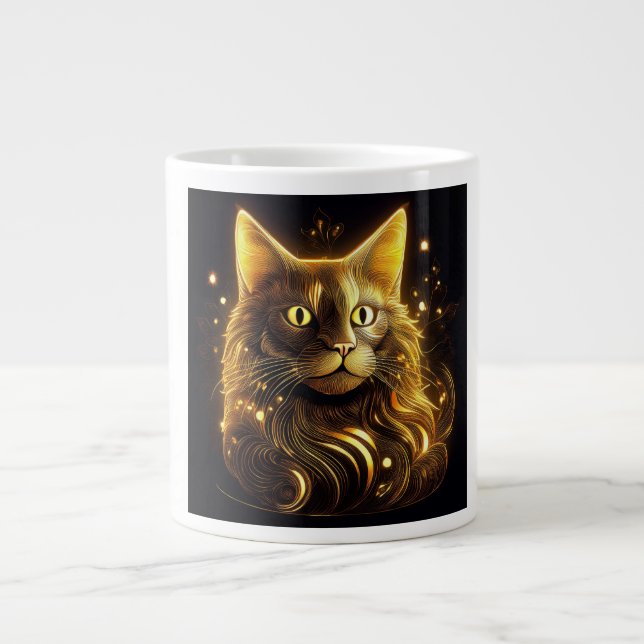 Fantasy Neon Gold Cat Large Coffee Mug (Front)