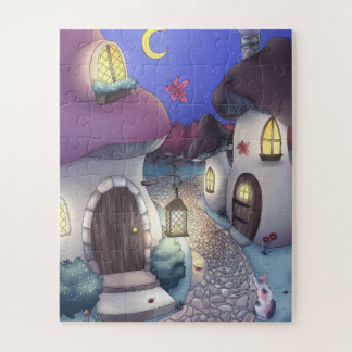 Fantasy Nighttime Mushroom Village Illustration Jigsaw Puzzle