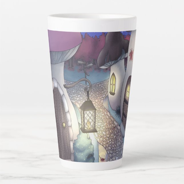 Fantasy Nighttime Mushroom Village Illustration Latte Mug (Front)