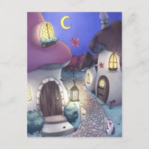 Fantasy Nighttime Mushroom Village Illustration Postcard