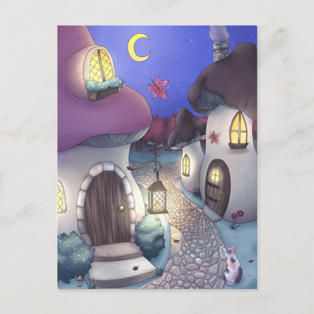 Fantasy Nighttime Mushroom Village Illustration Postcard (Front)